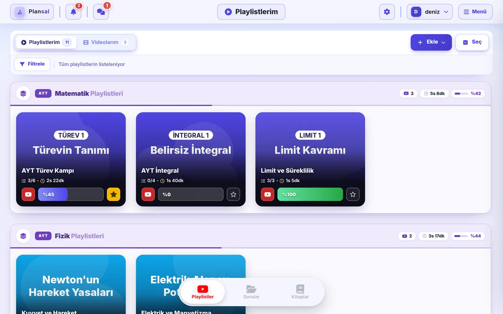 Playlistlerim: AYT Matematik, Fizik ve Kimya playlistleri ders ders gruplanmış