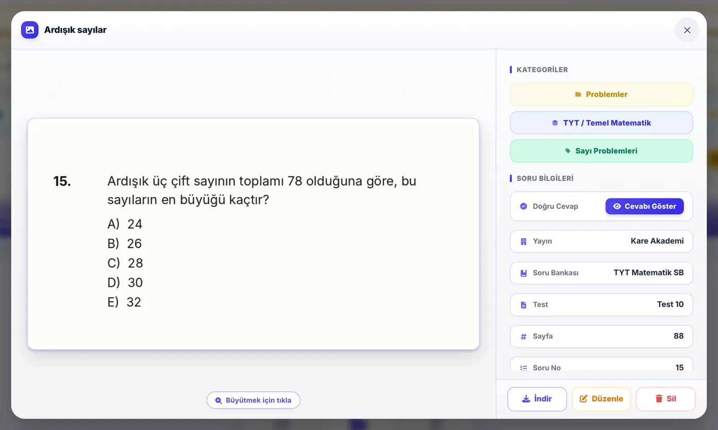 Soru detayı: büyük soru görseli, kategoriler, doğru cevap ve kaynak bilgileri