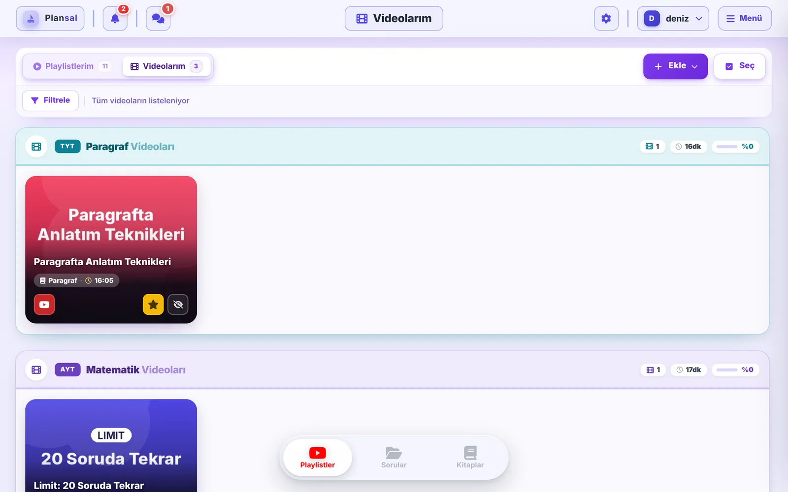 Videolarım sekmesi: ders ders tekil videolar ve yıldız düğmeleri