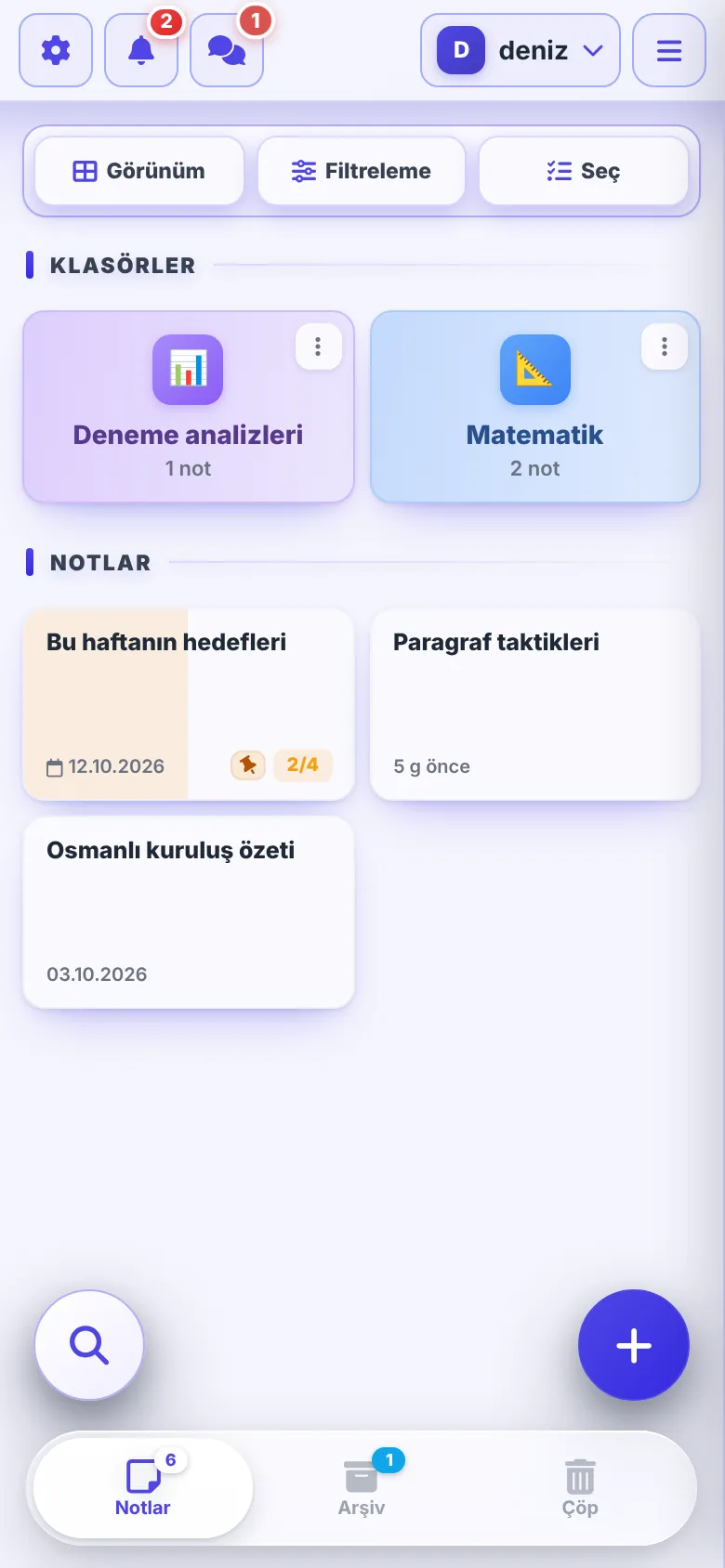 Telefonda Notlarım: klasörler, notlar ve alttaki Notlar, Arşiv, Çöp sekmeleri