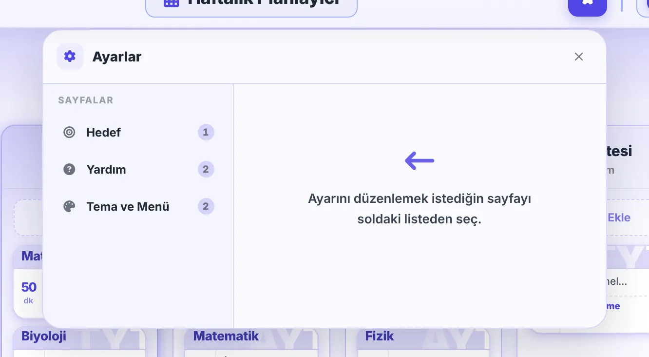 Ayarlar balonu: Hedef, Yardım, Tema ve Menü