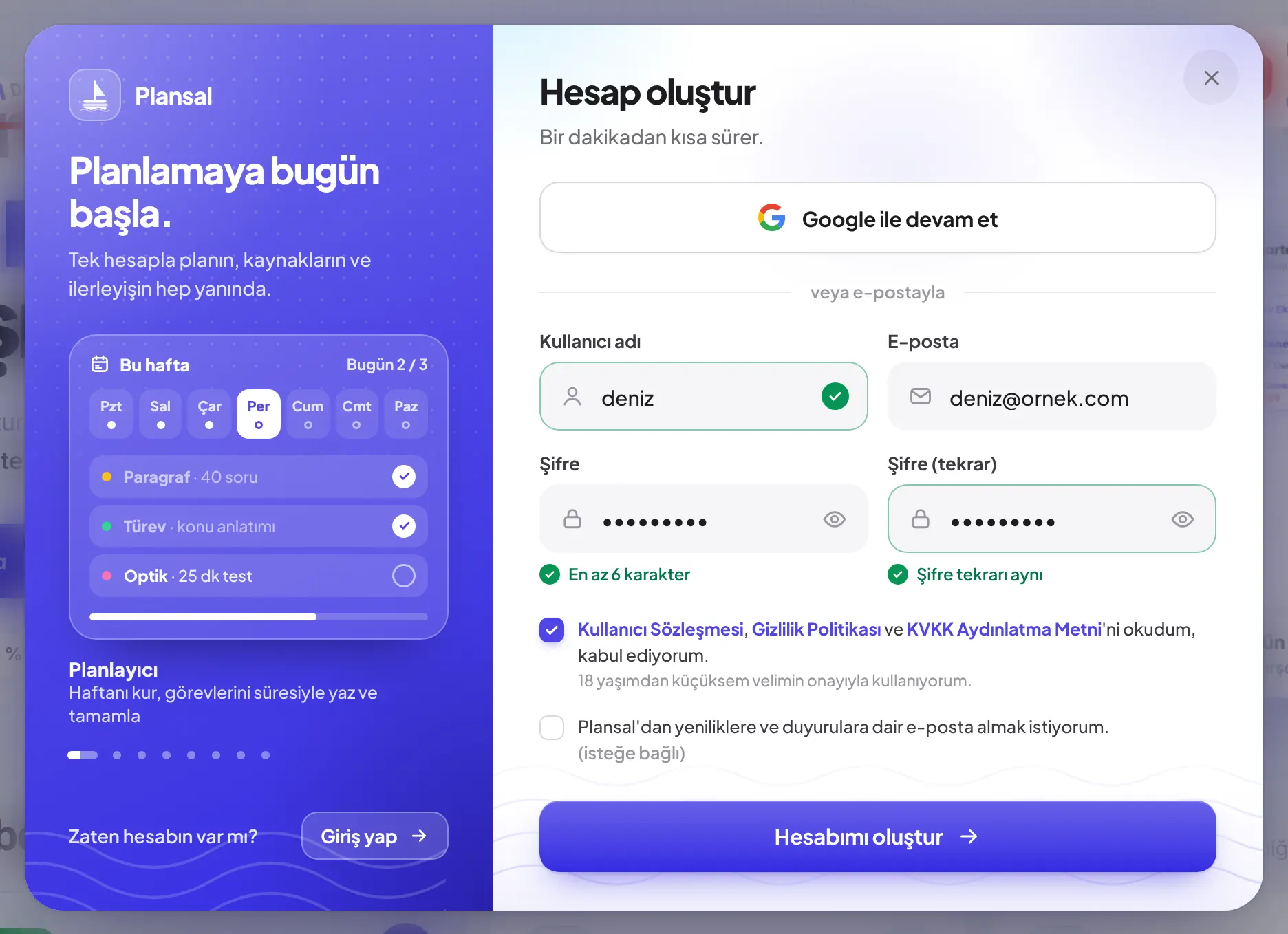 Hesap oluştur penceresi: solda Plansal'ın tanıtımı, sağda Google ile devam et, kullanıcı adı, e-posta, şifre alanları ve sözleşme onayı