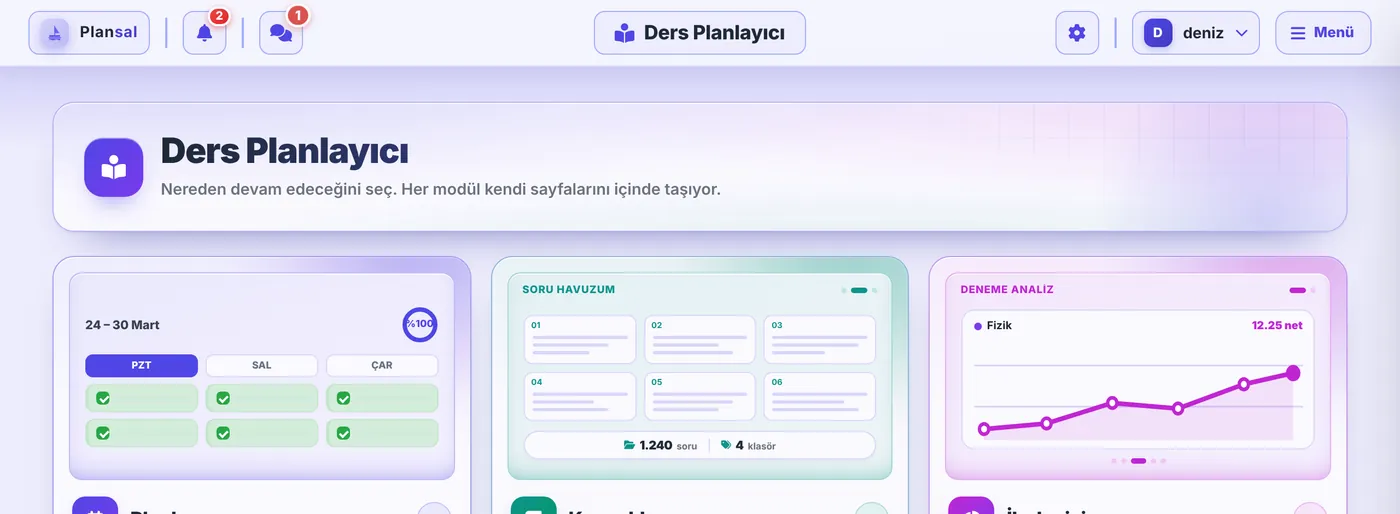 Ders Planlayıcı ekranı ve üst şeritteki düğmeler