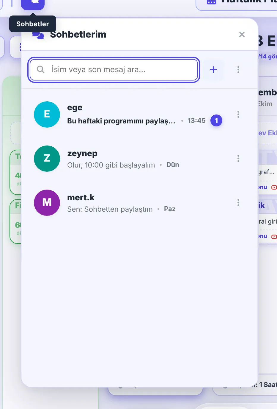 Sohbet listesi: arkadaşlar ve son mesajlar
