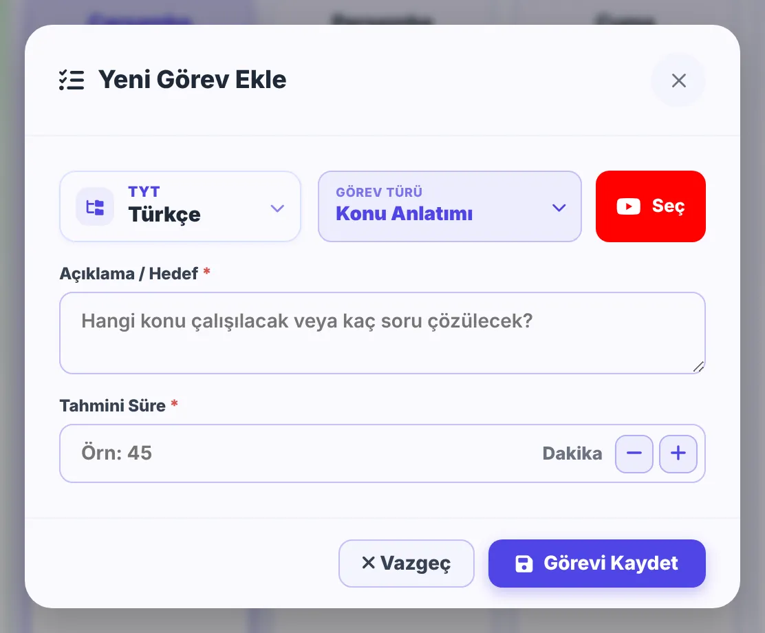 Yeni Görev Ekle penceresi: sınav ve ders seçimi, görev türü, açıklama ve tahmini süre