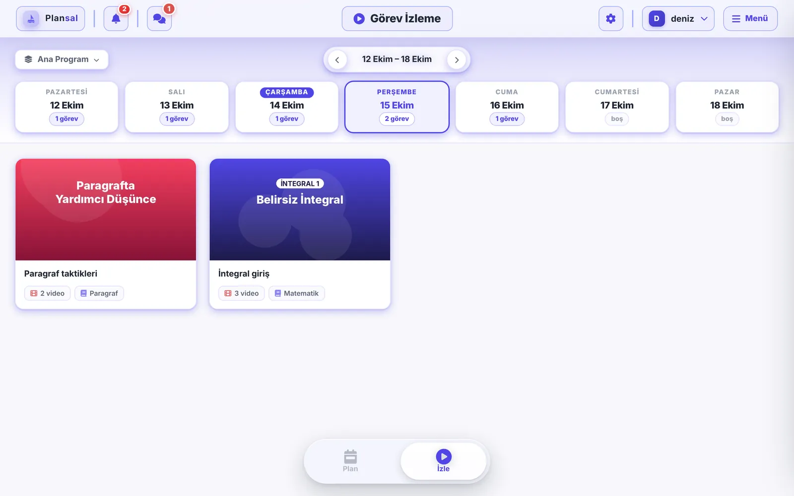 Oynatıcı açık: video ve yanında görevin video listesi