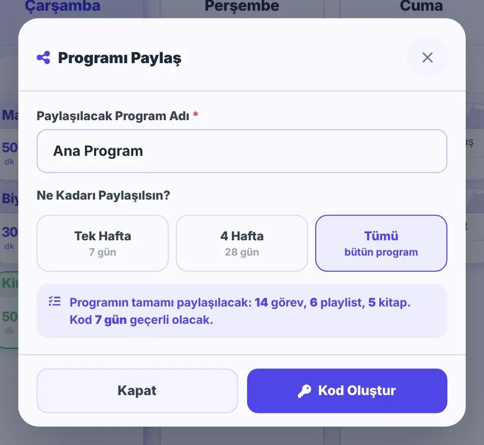 Programı Paylaş penceresi: program adı, Tek Hafta, 4 Hafta ve Tümü seçenekleri