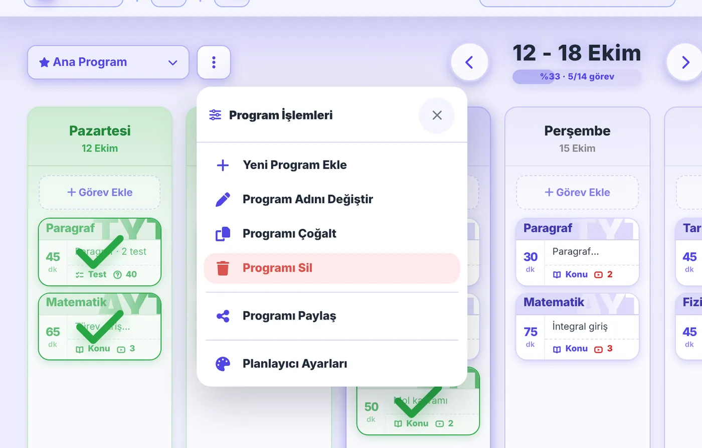 Program İşlemleri menüsü: yeni program, ad değiştirme, çoğaltma, silme, paylaşma ve planlayıcı ayarları