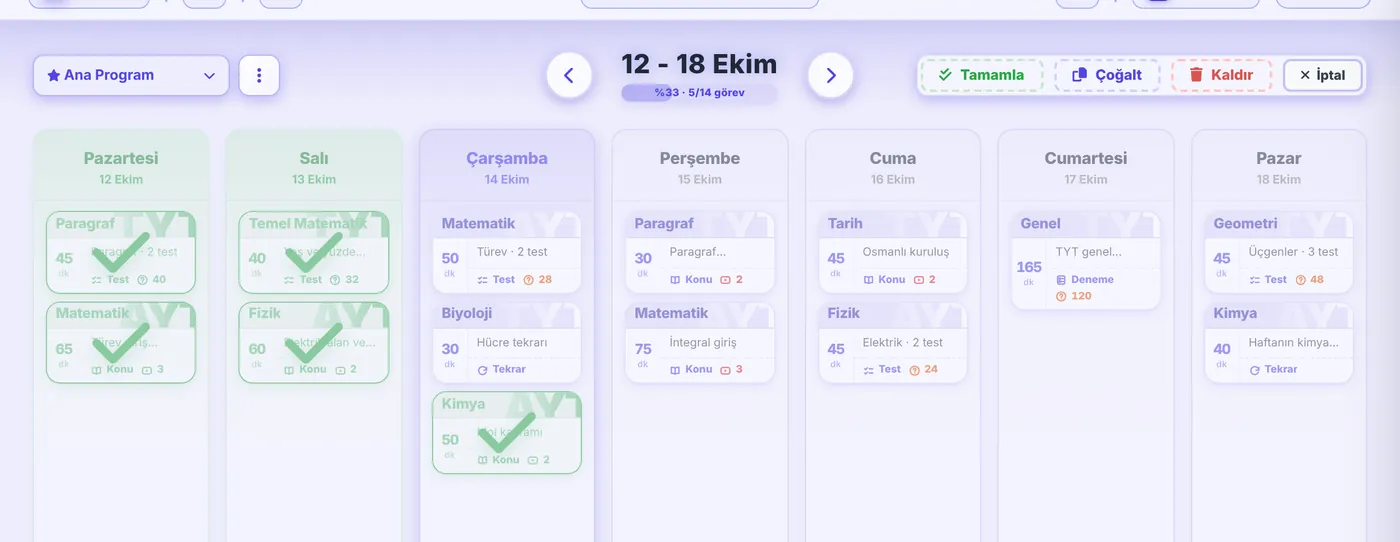 Seç moduna geçilmiş planlayıcı: Tamamla, Çoğalt, Kaldır ve İptal düğmeleri