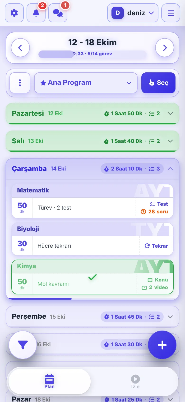 Telefonda planlayıcı: açılıp kapanan gün satırları